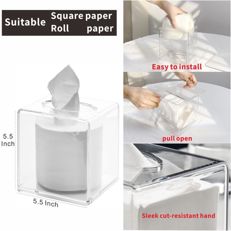 Cq acrylic Roll Tissue Box Holder with Cover Square Facial Tissue Dispenser Box Case for Countertop Clear Plastic Dryer Sheet Container Napkin Organizer for Bathroom  Kitchen Home Square - Image 2
